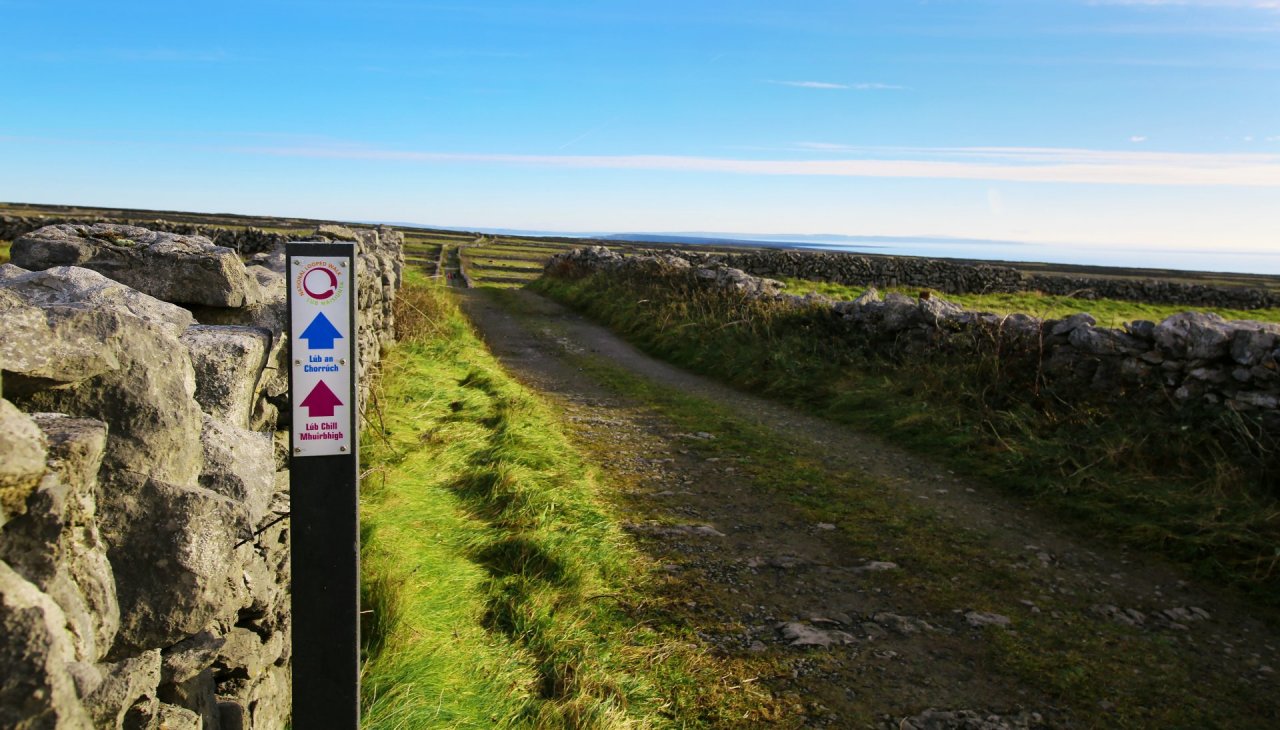 Dirt Road with stone walls on both sides - national loop walks sign post in Gaelic showing blue and purple trials 