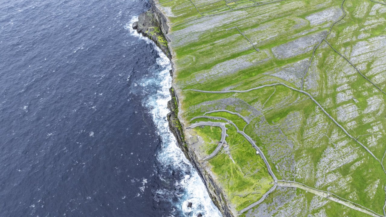 Dún Aonghasa Fort - Birds Eye View from the South - Atlantic Ocean on the Left and Inis Mór on the Right of the picture
